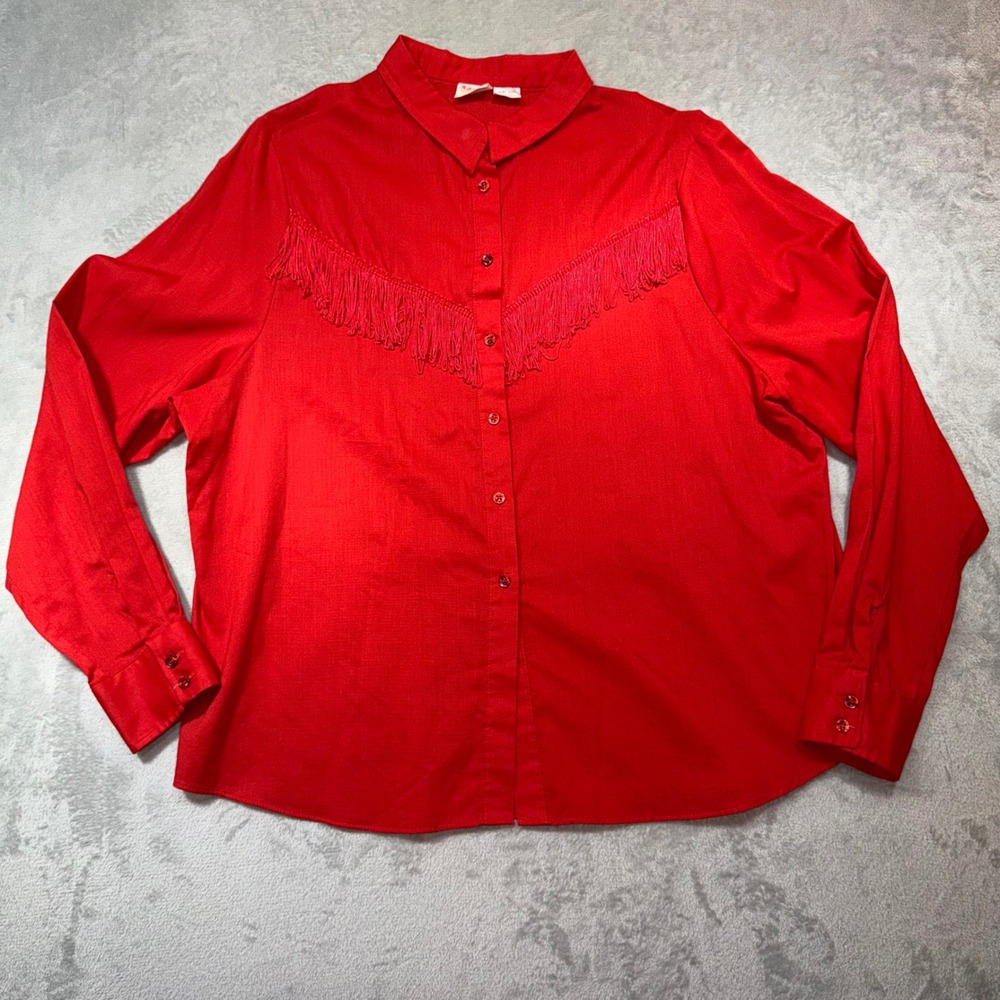 Vintage Red Western Fringe Button Down Shirt‎ Long Sleeve 1980s USA Made Size 42